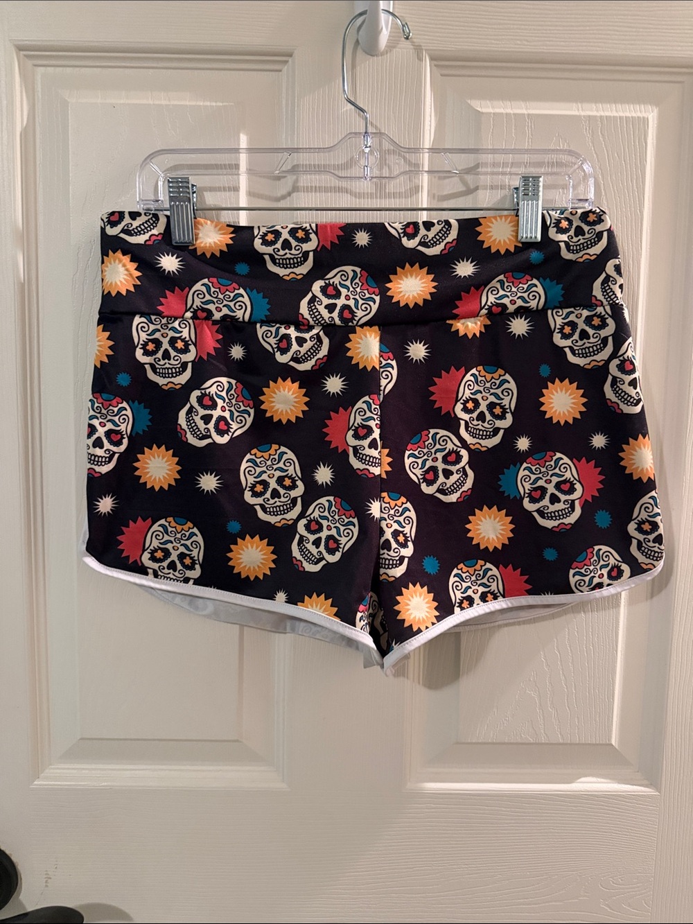 Womens Black Day of the Dead Skull Print Shorts
